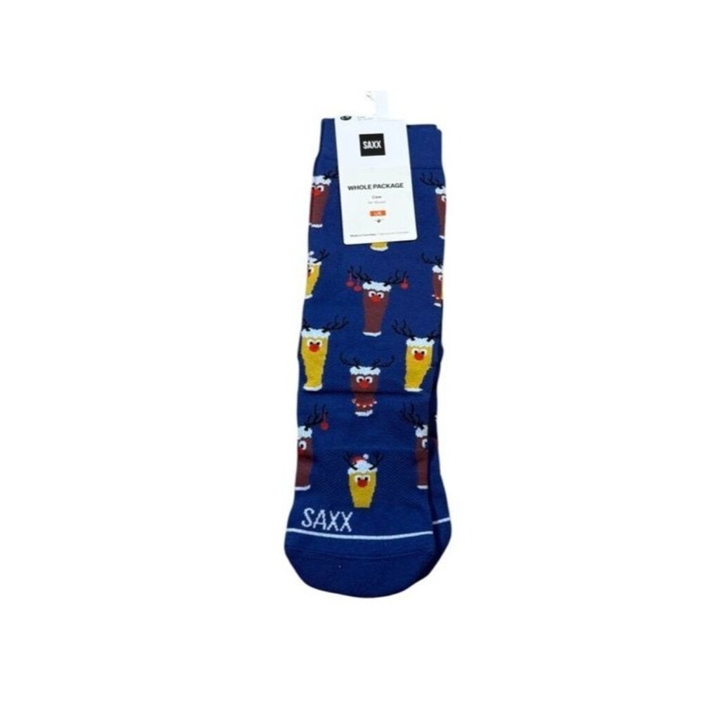 SAXX Mens Crew Socks Large BREWDOLPH Design - Christmas Beer Mugs With Reindeer